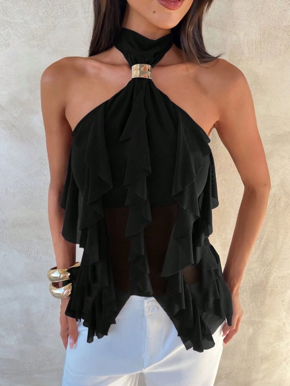 Black Elegant Women's Multi-Layer Ruffle Trim Stand Collar Fitted Tank Top - Picture 5 of 7